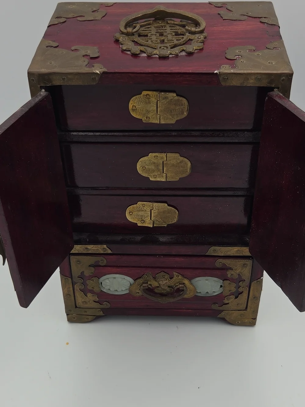 Wood & Brass Jewelry Chest Post 1940 with Jade Inlay - Red